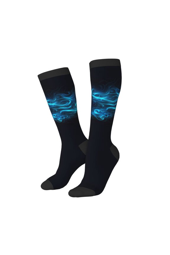 Knee High Socks for Women Men Athletic - Blue Flame Fox Thigh-High Black Sole Comfort Breathable Long Socks for Casual Travel Running