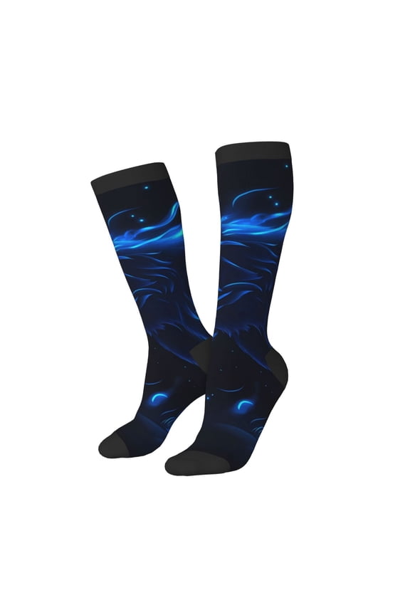 Knee High Socks for Women Men Athletic - Blue Flames Black Fox Thigh-High Black Sole Comfort Breathable Long Socks for Casual Travel Running