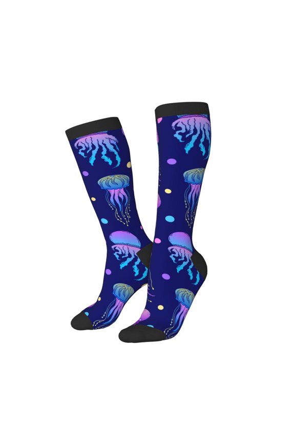 Knee High Socks for Women Men Athletic - Blue Purple Jellyfish Thigh-High Black Sole Comfort Breathable Long Socks for Casual Travel Running