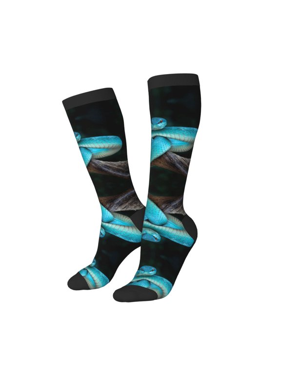 Knee High Socks for Women Men Athletic - Blue White-Lipped Pit Viper Thigh-High Black Sole Comfort Breathable Long Socks for Casual Travel Running