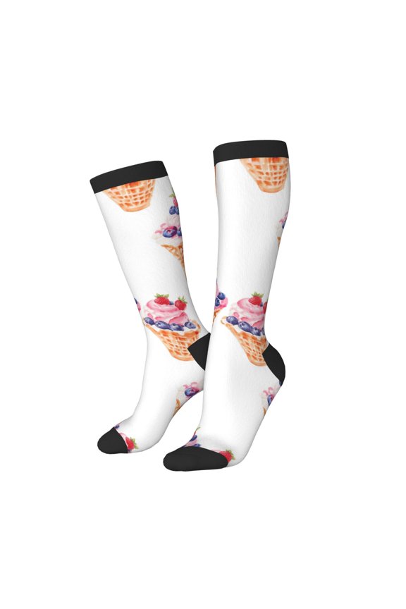 Knee High Socks for Women Men Athletic - Blueberry Strawberry Ice Cream Thigh-High Black Sole Comfort Breathable Long Socks for Casual Travel Running