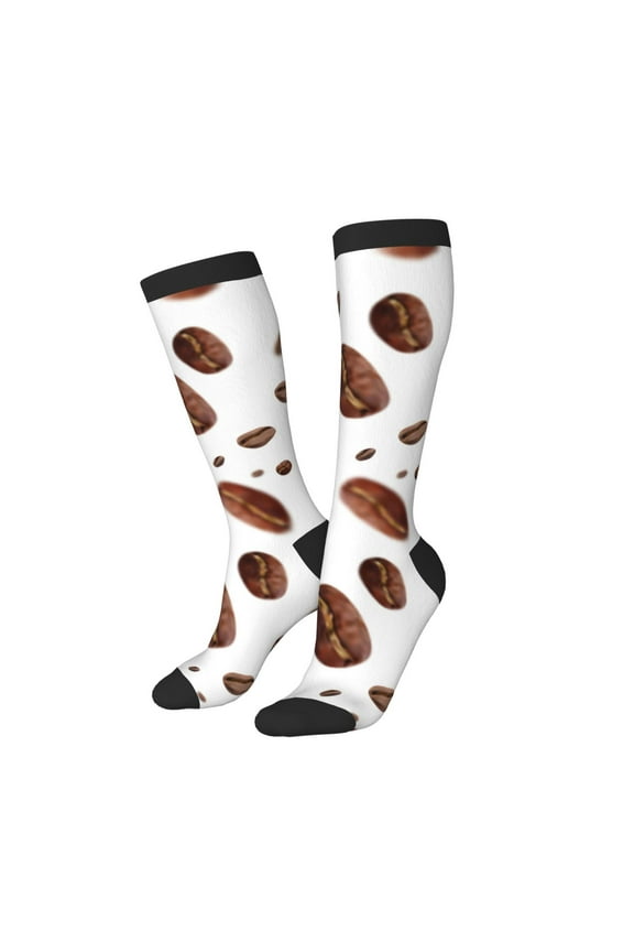 Knee High Socks for Women Men Athletic - Brown Coffee Bean Print White Thigh-High Black Sole Comfort Breathable Long Socks for Casual Travel Running