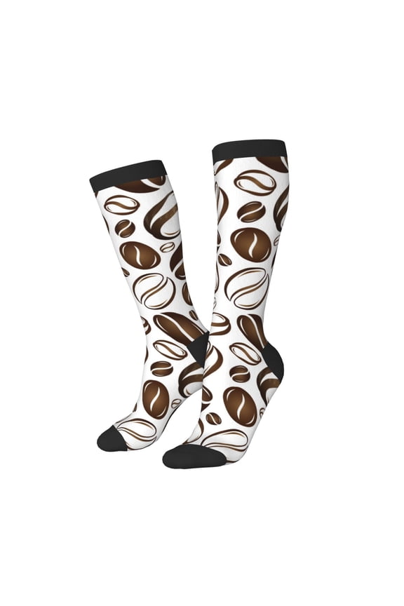 Knee High Socks for Women Men Athletic - Brown White Coffee Bean Print Thigh-High Black Sole Comfort Breathable Long Socks for Casual Travel Running