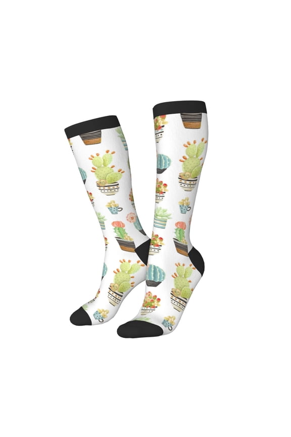 Knee High Socks for Women Men Athletic - Cactus Succulents potted plant Thigh-High Black Sole Comfort Breathable Long Socks for Casual Travel Running