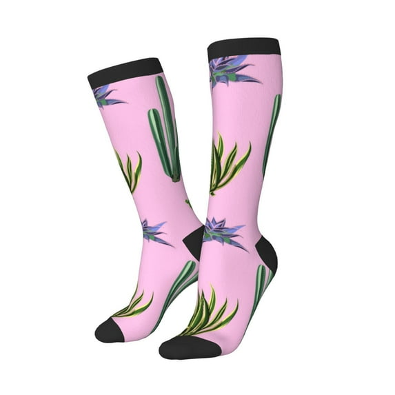 Knee High Socks for Women Men Athletic - Cactus aloe vera Thigh-High Black Sole Comfort Breathable Long Socks for Casual Travel Running