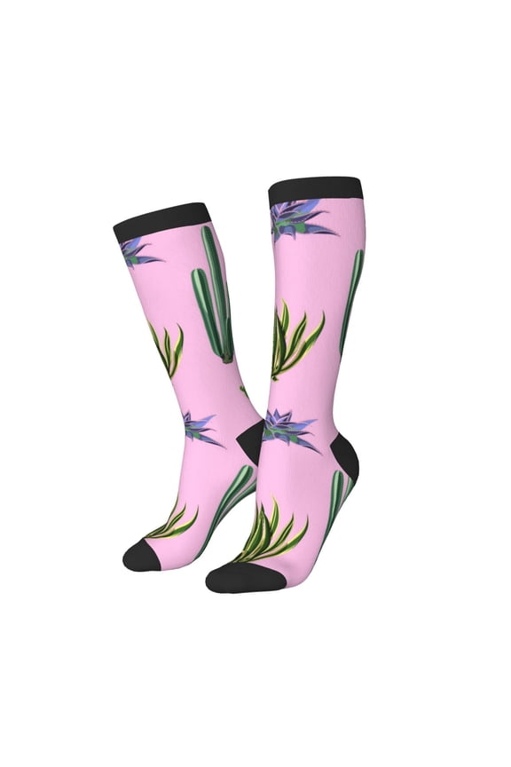 Knee High Socks for Women Men Athletic - Cactus aloe vera Thigh-High Black Sole Comfort Breathable Long Socks for Casual Travel Running