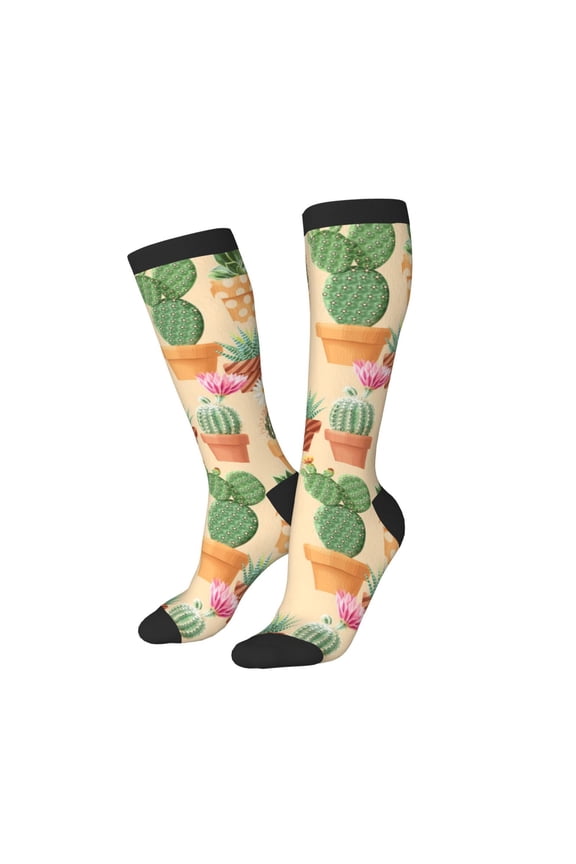 Knee High Socks for Women Men Athletic - Cactus blooming potted plant Thigh-High Black Sole Comfort Breathable Long Socks for Casual Travel Running
