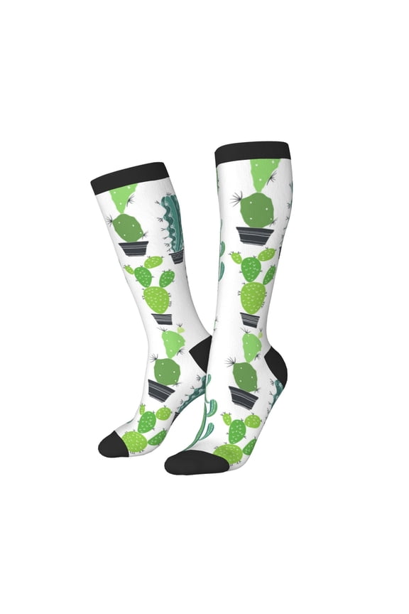 Knee High Socks for Women Men Athletic - Cactus potted plant Thigh-High Black Sole Comfort Breathable Long Socks for Casual Travel Running