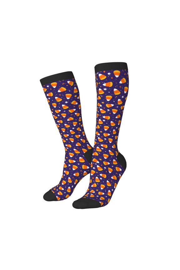 Knee High Socks for Women Men Athletic - Candy Corn (2) Thigh-High Black Sole Comfort Breathable Long Socks for Casual Travel Running