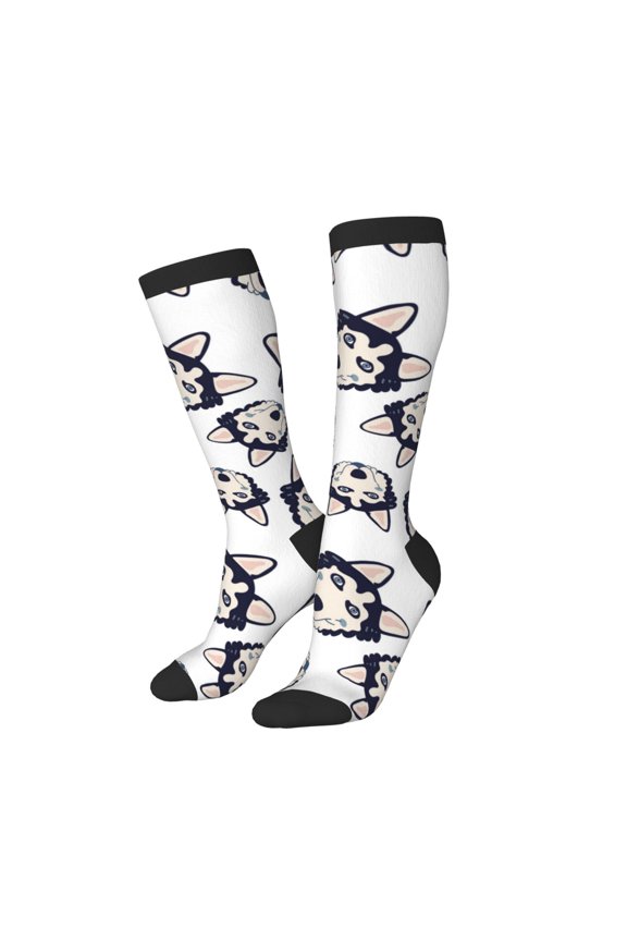 Knee High Socks for Women Men Athletic - Cartoon Cute Husky Dog Thigh-High Black Sole Comfort Breathable Long Socks for Casual Travel Running