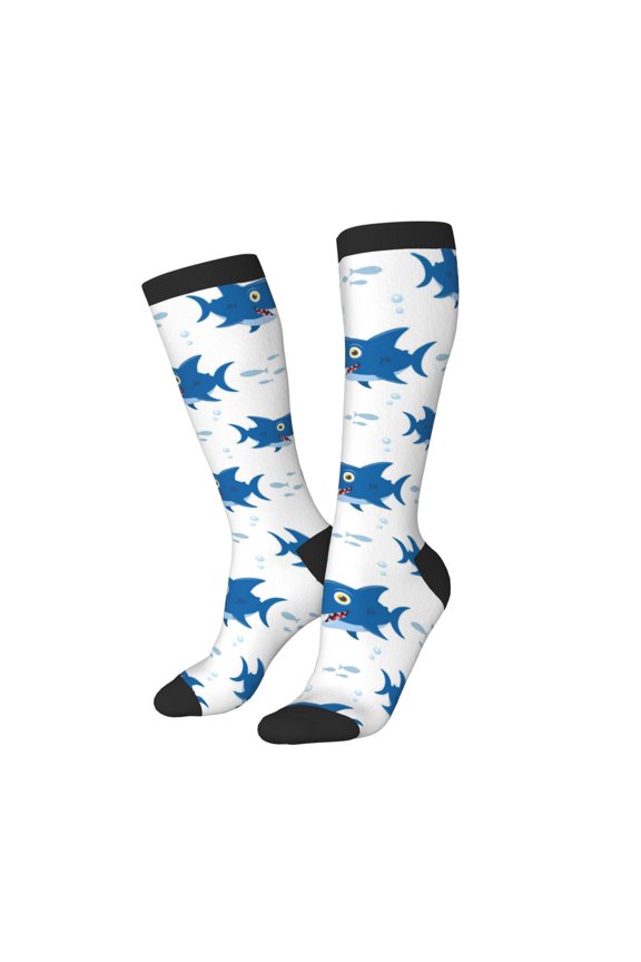 Knee High Socks for Women Men Athletic - Cartoon Cute Shark Blue_A Thigh-High Black Sole Comfort Breathable Long Socks for Casual Travel Running