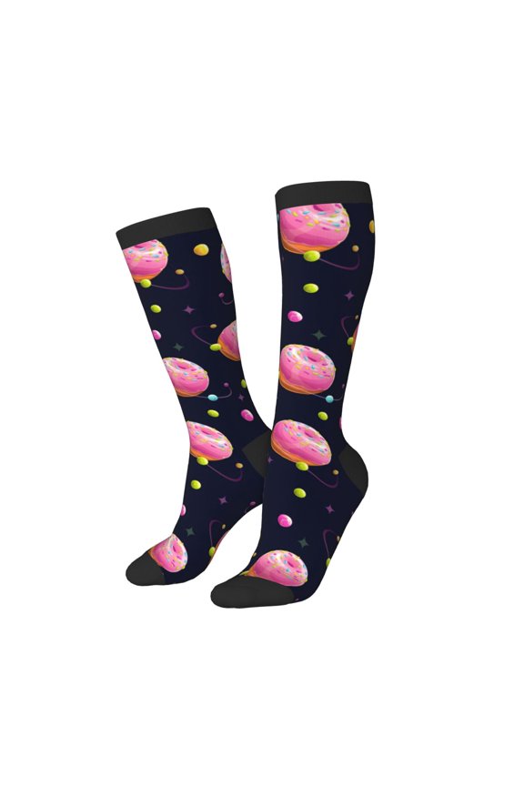 Knee High Socks for Women Men Athletic - Cartoon Donut Planets Thigh-High Black Sole Comfort Breathable Long Socks for Casual Travel Running