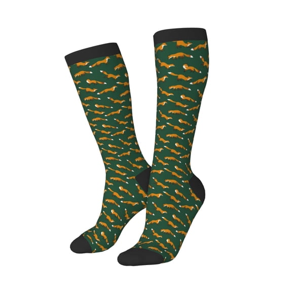Knee High Socks for Women Men Athletic - Cartoon Fox 1 Thigh-High Black Sole Comfort Breathable Long Socks for Casual Travel Running