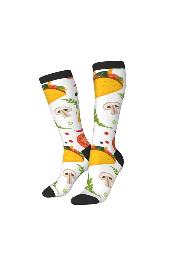 Knee High Socks for Women Men Athletic - Chili Taco Tomato Bacon Print Thigh-High Black Sole Comfort Breathable Long Socks for Casual Travel Running