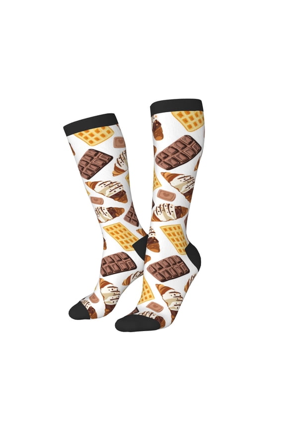 Knee High Socks for Women Men Athletic - Chocolate Bread Waffle Print Thigh-High Black Sole Comfort Breathable Long Socks for Casual Travel Running