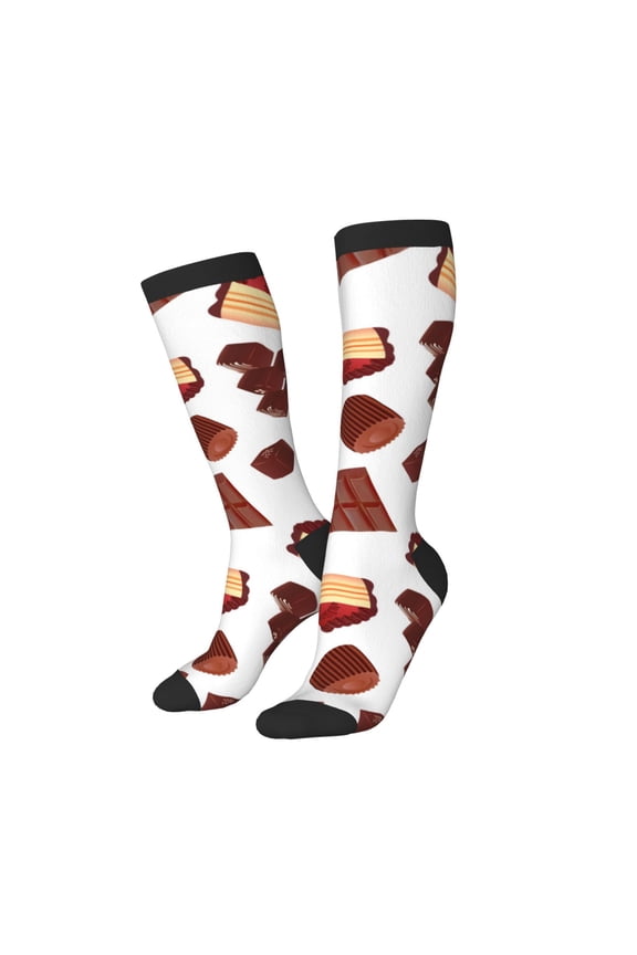 Knee High Socks for Women Men Athletic - Chocolate Print No.J93 Thigh-High Black Sole Comfort Breathable Long Socks for Casual Travel Running