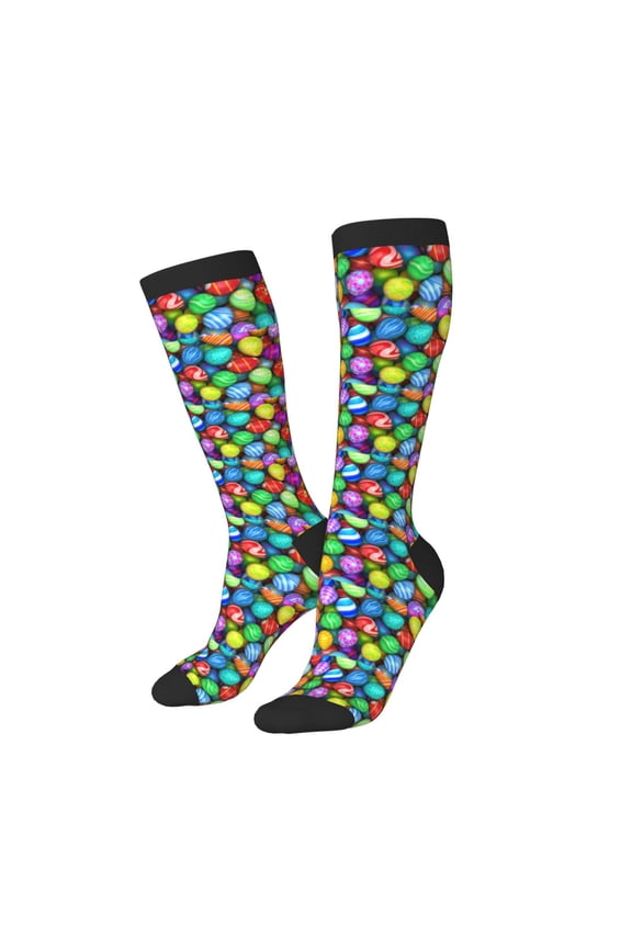 Knee High Socks for Women Men Athletic - Colorful Easter Eggs1 Thigh-High Black Sole Comfort Breathable Long Socks for Casual Travel Running