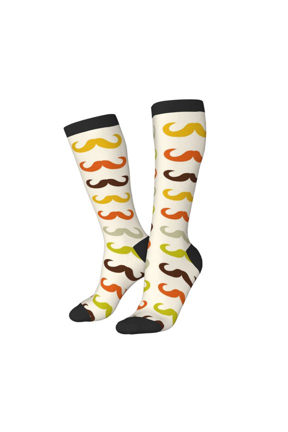 Knee High Socks for Women Men Athletic - Colorful Mustache Thigh-High Black Sole Comfort Breathable Long Socks for Casual Travel Running