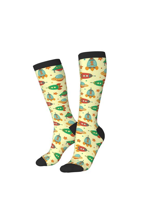 Knee High Socks for Women Men Athletic - Colorful Outer Space Thigh-High Black Sole Comfort Breathable Long Socks for Casual Travel Running