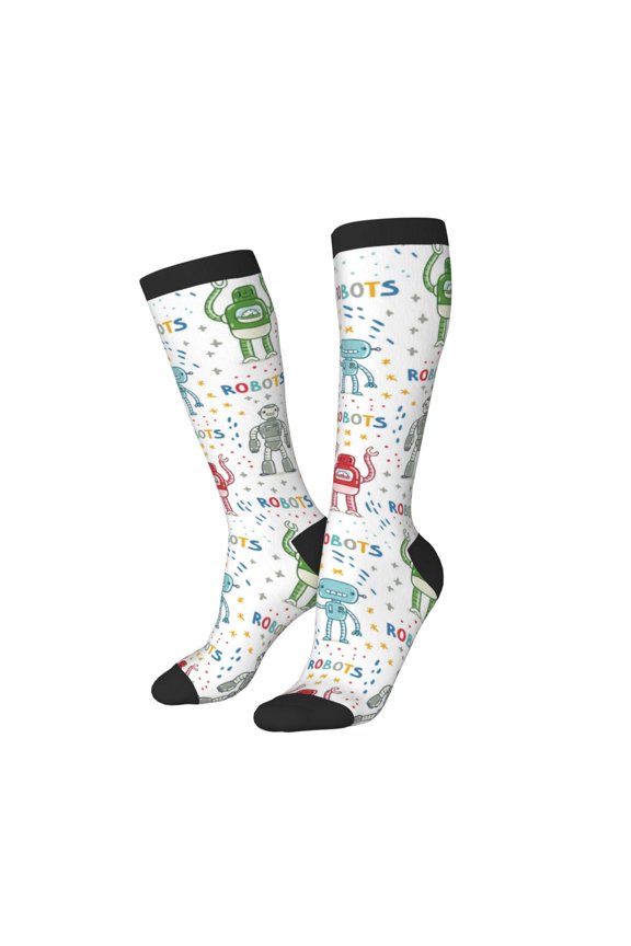 Knee High Socks for Women Men Athletic - Colorful robot Thigh-High Black Sole Comfort Breathable Long Socks for Casual Travel Running