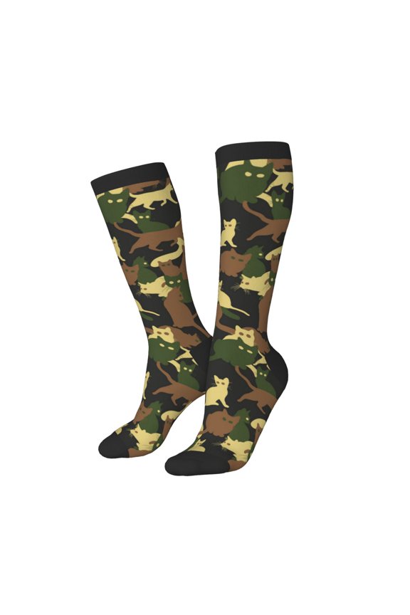 Knee High Socks for Women Men Athletic - Cool Cat Camouflage Green Thigh-High Black Sole Comfort Breathable Long Socks for Casual Travel Running