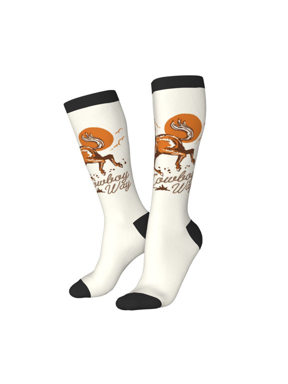 Knee High Socks for Women Men Athletic - Cowboy Riding Horse Thigh-High Black Sole Comfort Breathable Long Socks for Casual Travel Running