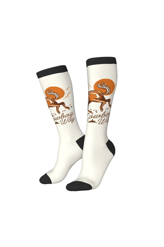 Knee High Socks for Women Men Athletic - Cowboy Riding Horse Thigh-High Black Sole Comfort Breathable Long Socks for Casual Travel Running