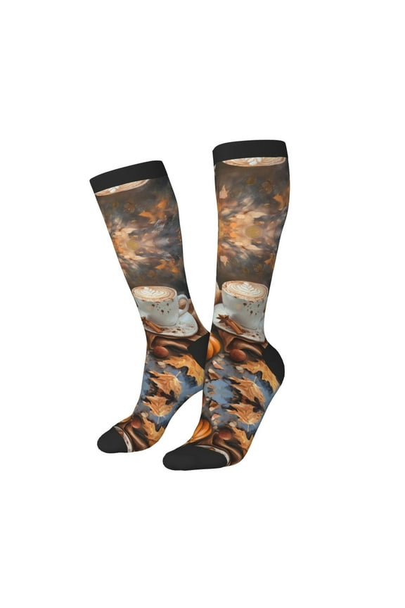 Knee High Socks for Women Men Athletic - Cozy Pumpkin Spice Latte Thigh-High Black Sole Comfort Breathable Long Socks for Casual Travel Running