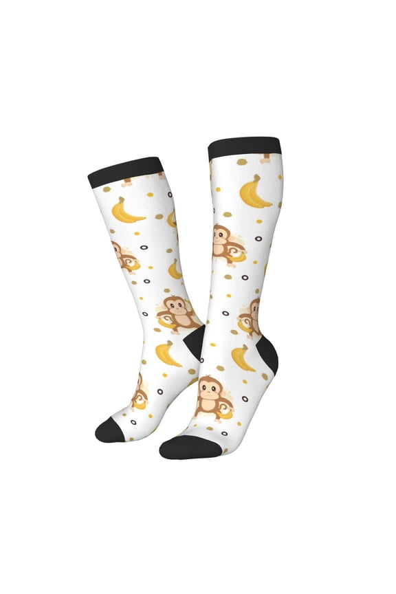 Knee High Socks for Women Men Athletic - Cute Banana Monkey Thigh-High Black Sole Comfort Breathable Long Socks for Casual Travel Running