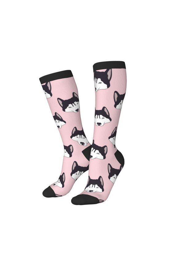 Knee High Socks for Women Men Athletic - Cute Cartoon Husky Funny Pink Thigh-High Black Sole Comfort Breathable Long Socks for Casual Travel Running