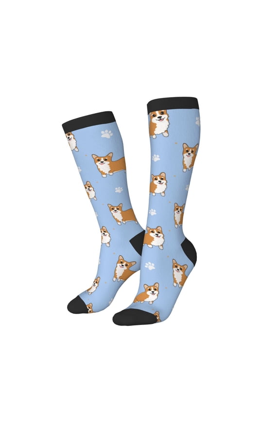 Knee High Socks for Women Men Athletic - Cute Corgi Dog Funny Blue Thigh-High Black Sole Comfort Breathable Long Socks for Casual Travel Running