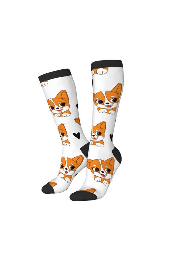 Knee High Socks for Women Men Athletic - Cute Corgi Dog Love Thigh-High Black Sole Comfort Breathable Long Socks for Casual Travel Running