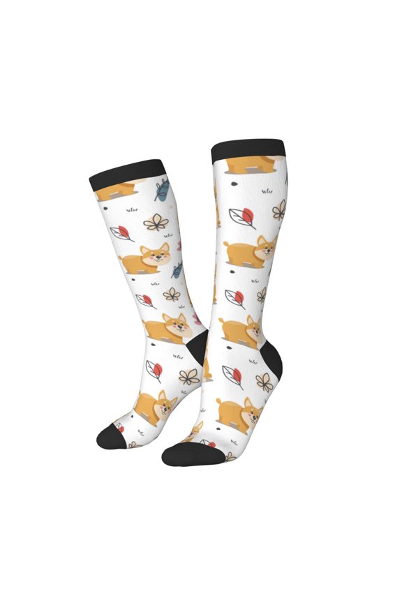 Knee High Socks for Women Men Athletic - Cute Corgi Dog Pink Flower Thigh-High Black Sole Comfort Breathable Long Socks for Casual Travel Running