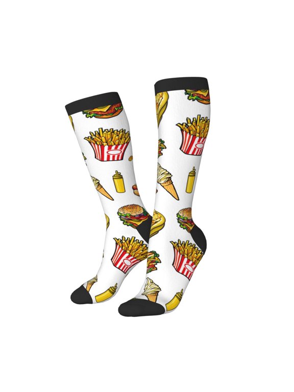 Knee High Socks for Women Men Athletic - Cute Food Ketchup Potato Chips Thigh-High Black Sole Comfort Breathable Long Socks for Casual Travel Running
