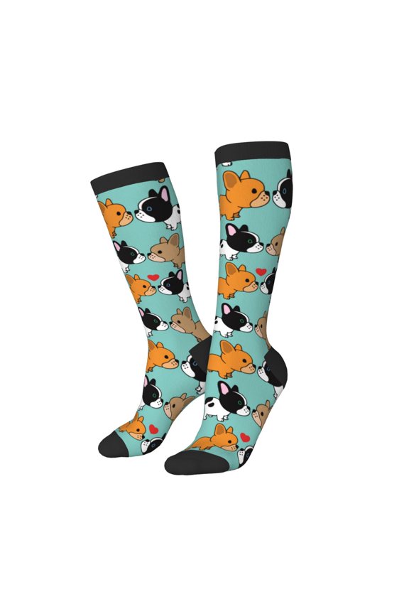 Knee High Socks for Women Men Athletic - Cute French Bulldog F Thigh-High Black Sole Comfort Breathable Long Socks for Casual Travel Running