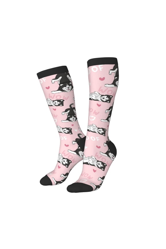 Knee High Socks for Women Men Athletic - Cute Funny Husky Woof Thigh-High Black Sole Comfort Breathable Long Socks for Casual Travel Running