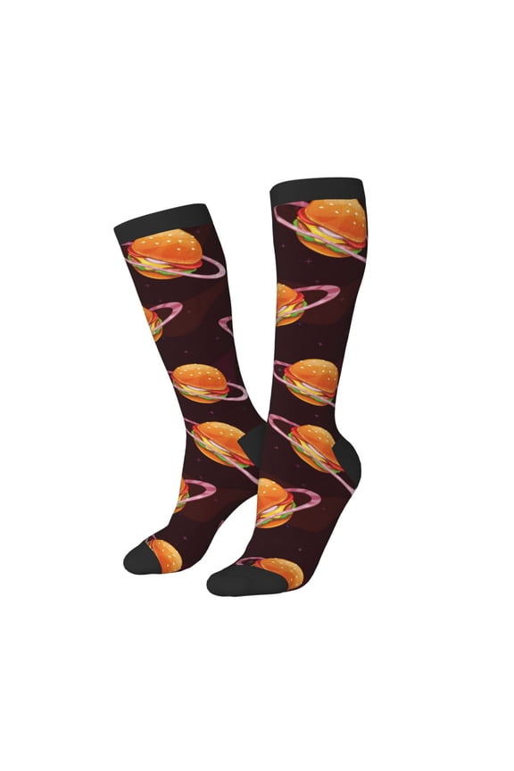 Knee High Socks for Women Men Athletic - Cute Hamburger Burger Planet Thigh-High Black Sole Comfort Breathable Long Socks for Casual Travel Running
