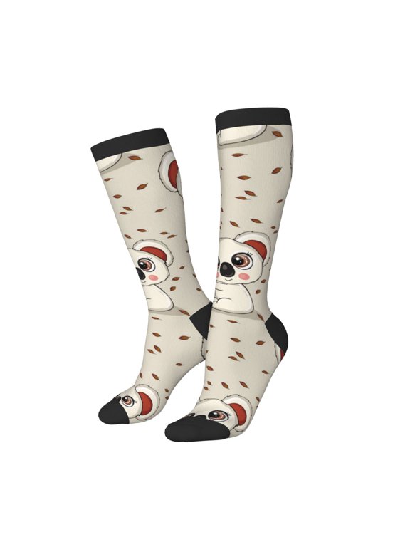 Knee High Socks for Women Men Athletic - Cute Koala Off White Thigh-High Black Sole Comfort Breathable Long Socks for Casual Travel Running