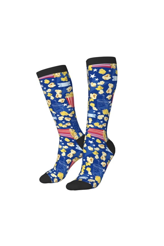 Knee High Socks for Women Men Athletic - Cute Popcorn No.1001 Thigh-High Black Sole Comfort Breathable Long Socks for Casual Travel Running