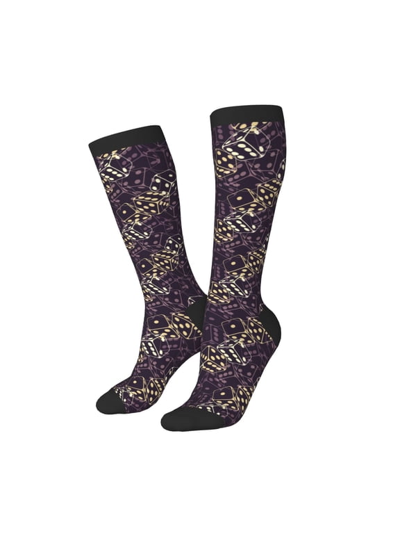 Knee High Socks for Women Men Athletic - Dice Thigh-High Black Sole Comfort Breathable Long Socks for Casual Travel Running