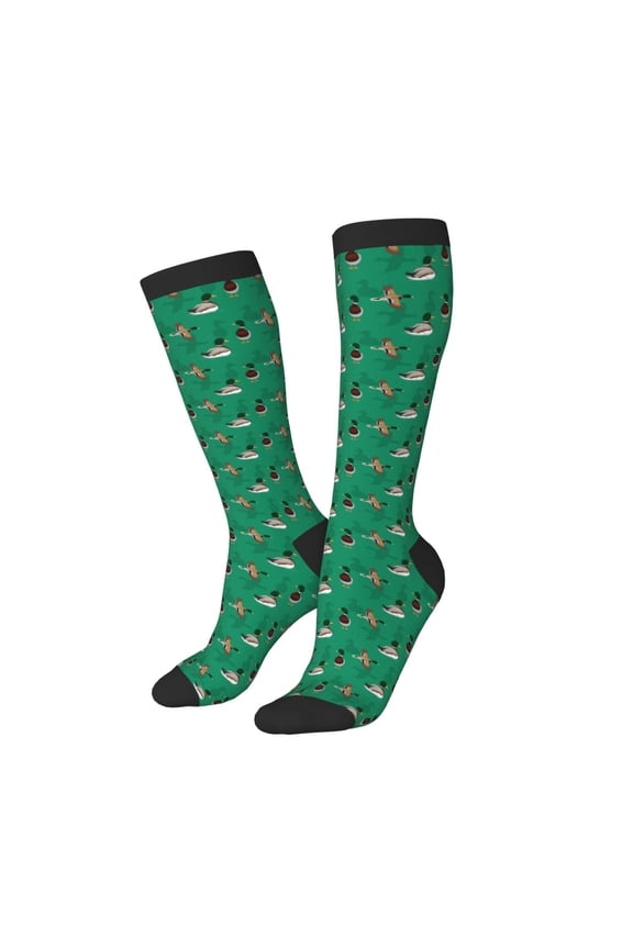 Knee High Socks for Women Men Athletic - Duck Mallard Flying Pose Thigh-High Black Sole Comfort Breathable Long Socks for Casual Travel Running