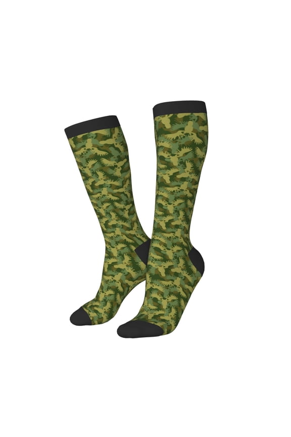 Knee High Socks for Women Men Athletic - Elk moose armygreen Camouflage Thigh-High Black Sole Comfort Breathable Long Socks for Casual Travel Running
