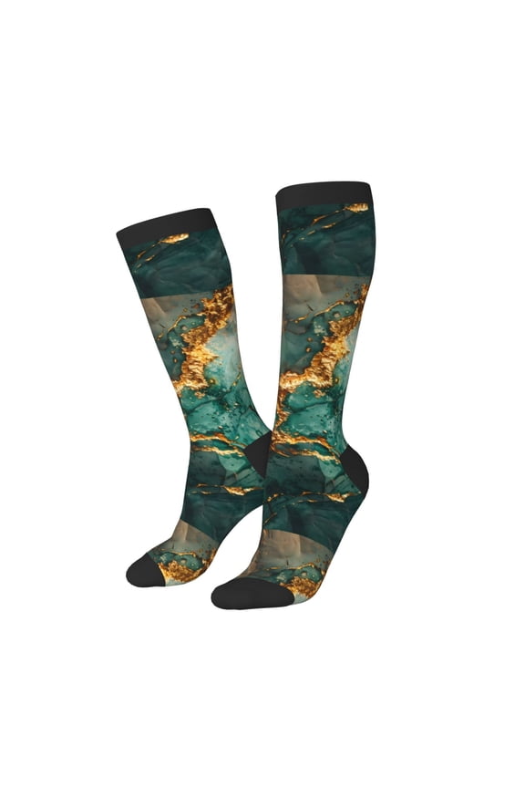 Knee High Socks for Women Men Athletic - Emerald Color Gold Marble Thigh-High Black Sole Comfort Breathable Long Socks for Casual Travel Running