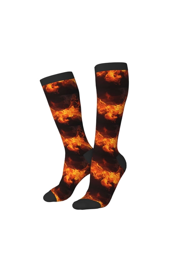 Knee High Socks for Women Men Athletic - Fiery Orange Flames Energy Thigh-High Black Sole Comfort Breathable Long Socks for Casual Travel Running