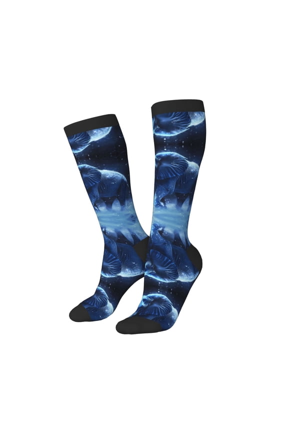 Knee High Socks for Women Men Athletic - Frozen Night Elephant Thigh-High Black Sole Comfort Breathable Long Socks for Casual Travel Running
