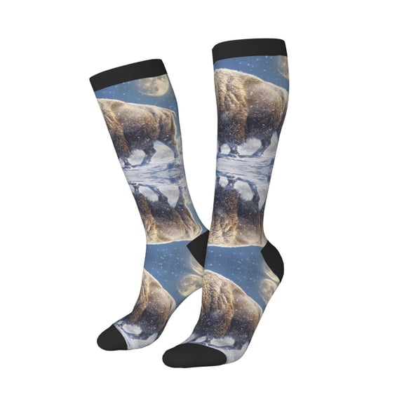 Knee High Socks for Women Men Athletic - Full Moon Snowy Yak Thigh-High Black Sole Comfort Breathable Long Socks for Casual Travel Running
