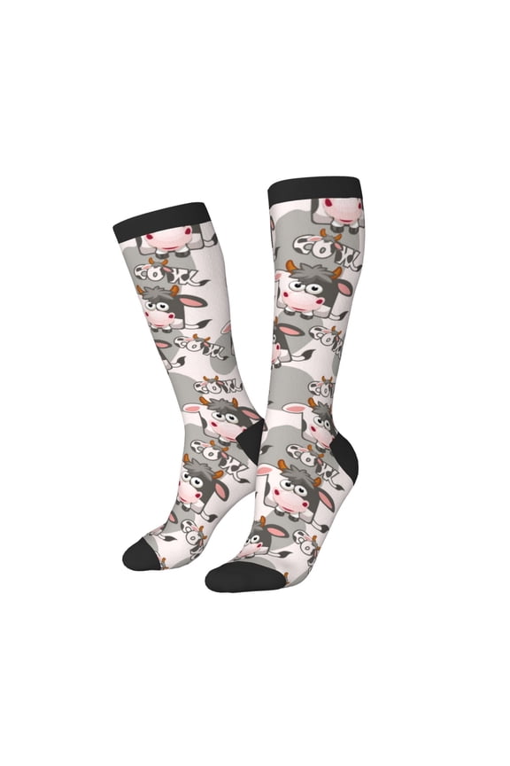 Knee High Socks for Women Men Athletic - Funny Cute Cartoon Milk Cow_A Thigh-High Black Sole Comfort Breathable Long Socks for Casual Travel Running