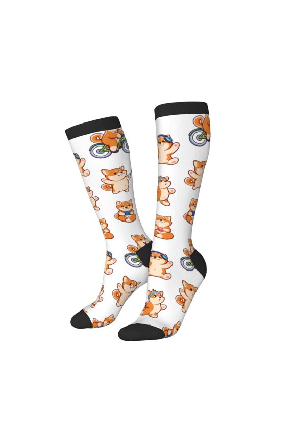 Knee High Socks for Women Men Athletic - Funny Cute Corgi Dog Sports Thigh-High Black Sole Comfort Breathable Long Socks for Casual Travel Running