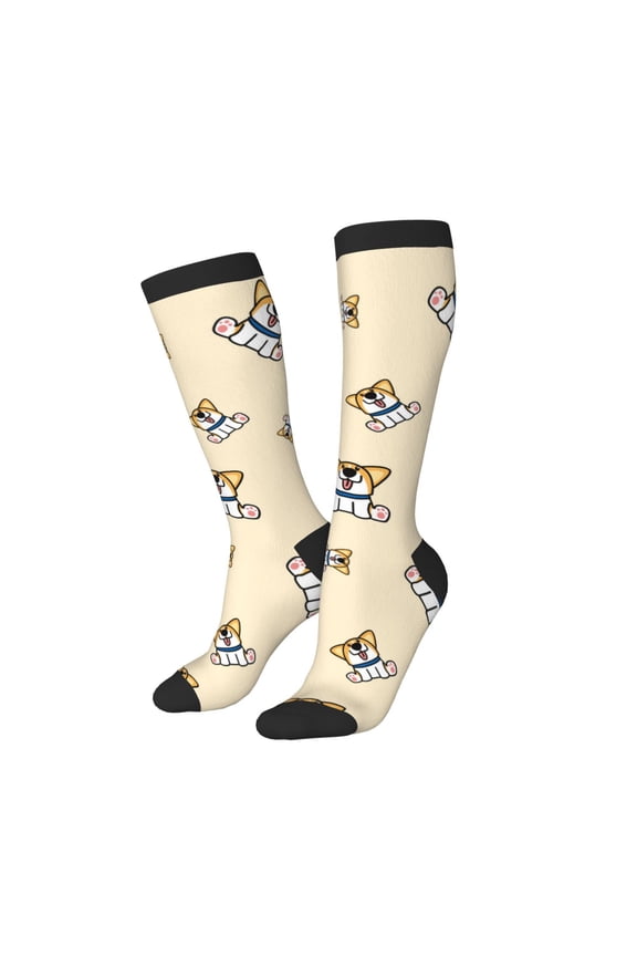 Knee High Socks for Women Men Athletic - Funny Cute Corgi Dog Thigh-High Black Sole Comfort Breathable Long Socks for Casual Travel Running