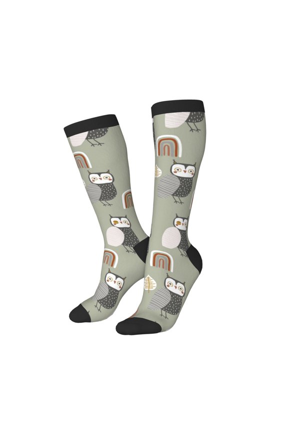 Knee High Socks for Women Men Athletic - Funny Owl Doodles Thigh-High Black Sole Comfort Breathable Long Socks for Casual Travel Running